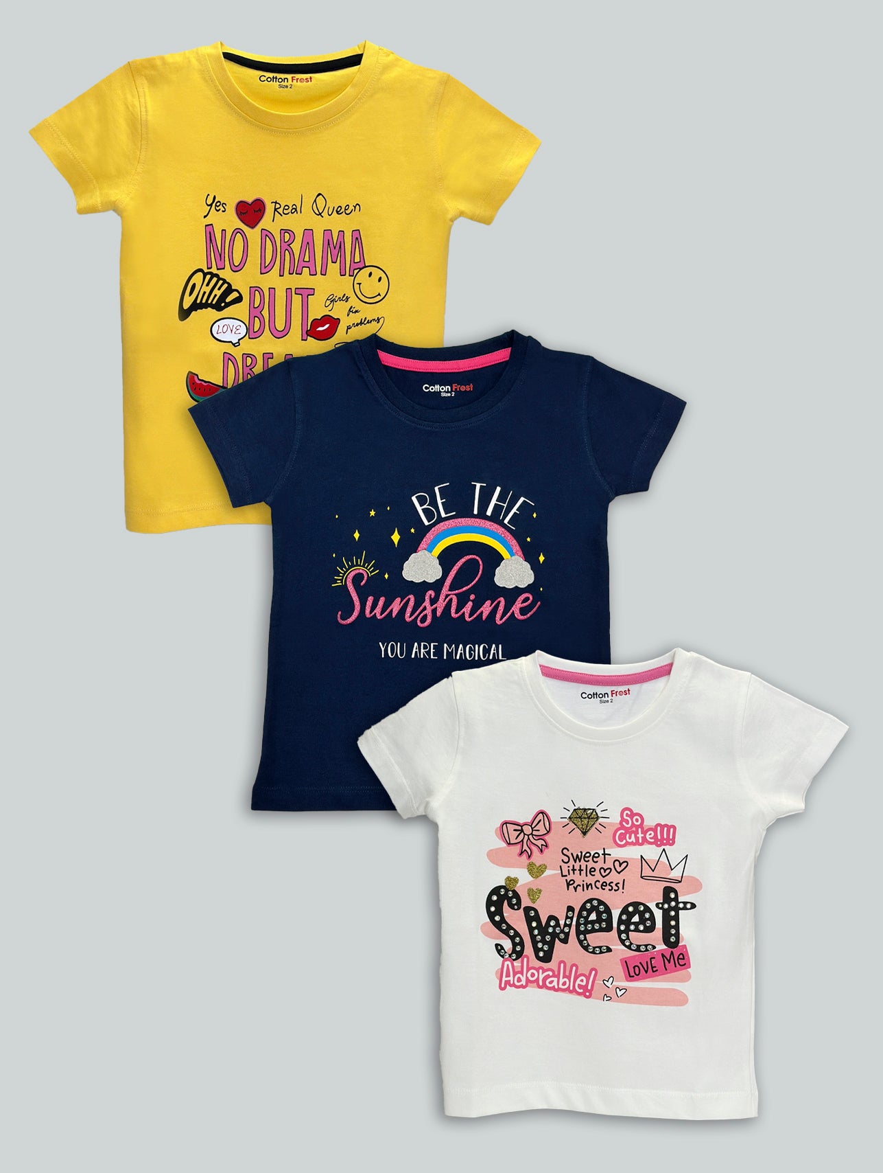 Girls 100% Premium Cotton T-Shirts 3 Pack B (2yrs-8yrs)