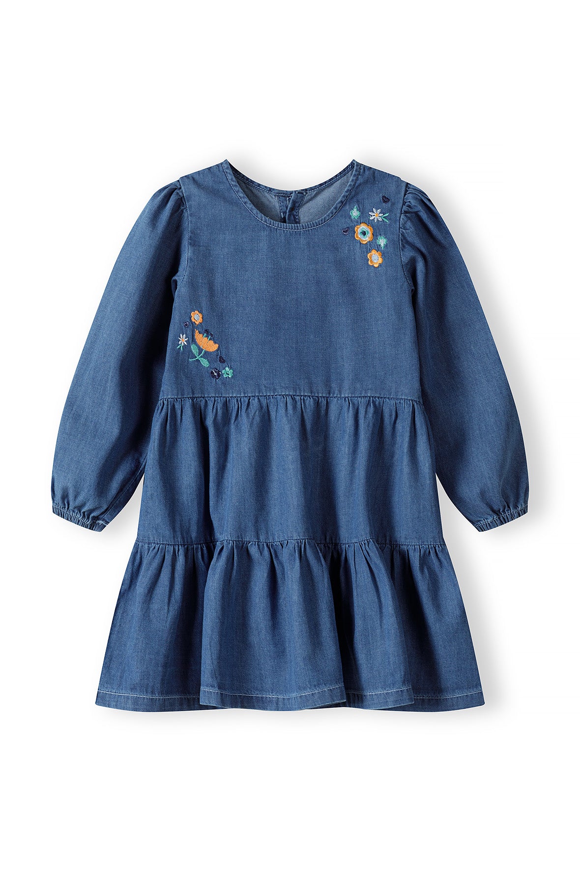 Chambray Tiered Dress with Embroidery