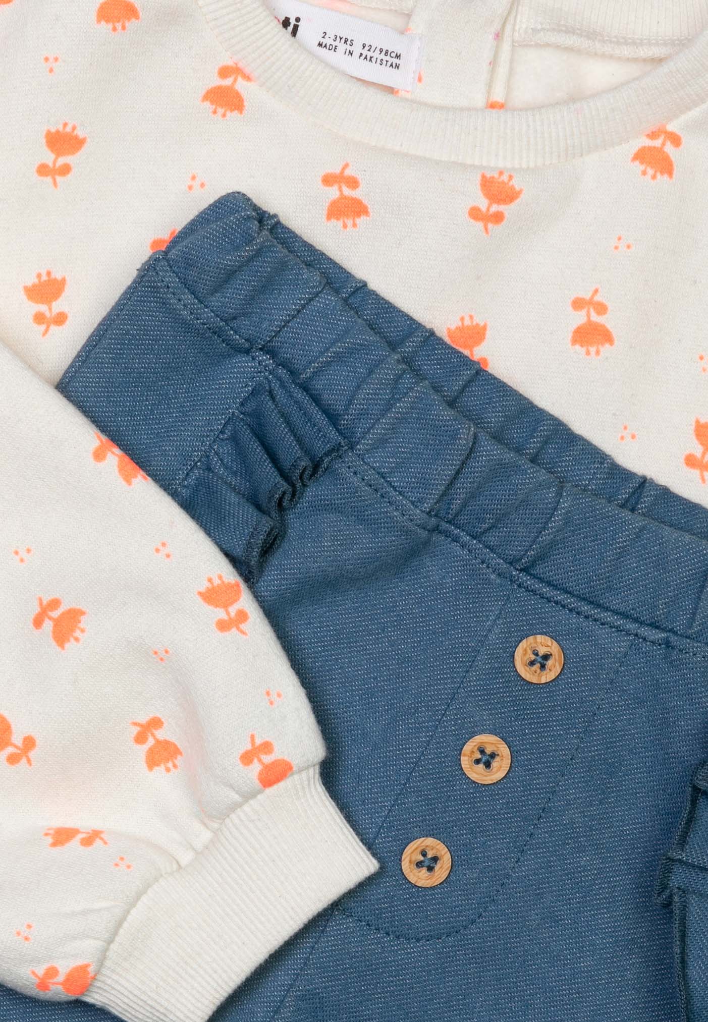 Girls 2PC Cream AOP Top And Blue Pant