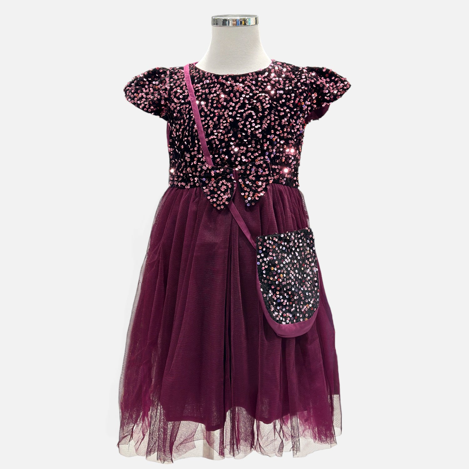 Maroon & Black Sequinned Fit & Flare Dress with Sling Bag