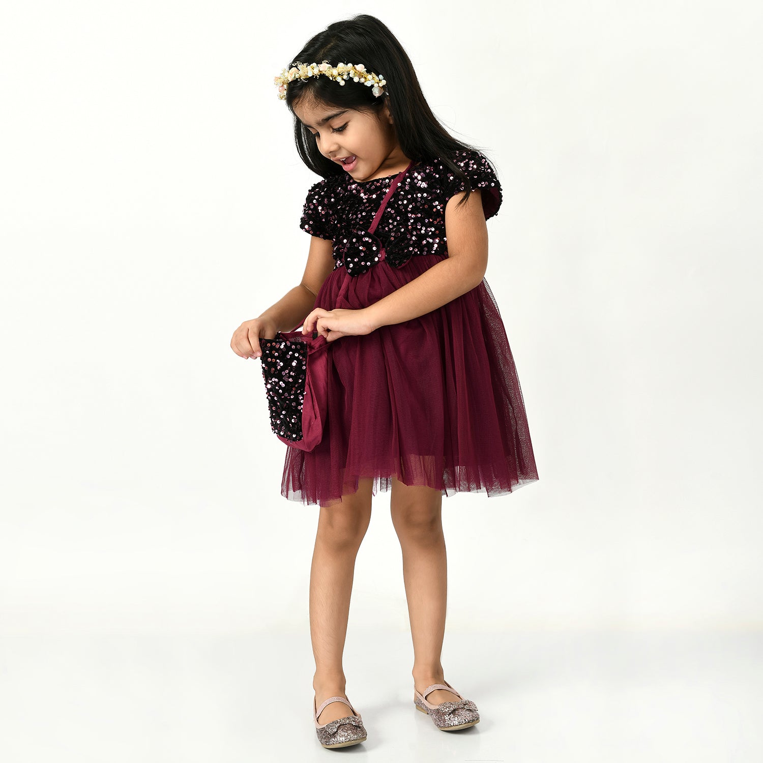 Maroon & Black Sequinned Fit & Flare Dress with Sling Bag