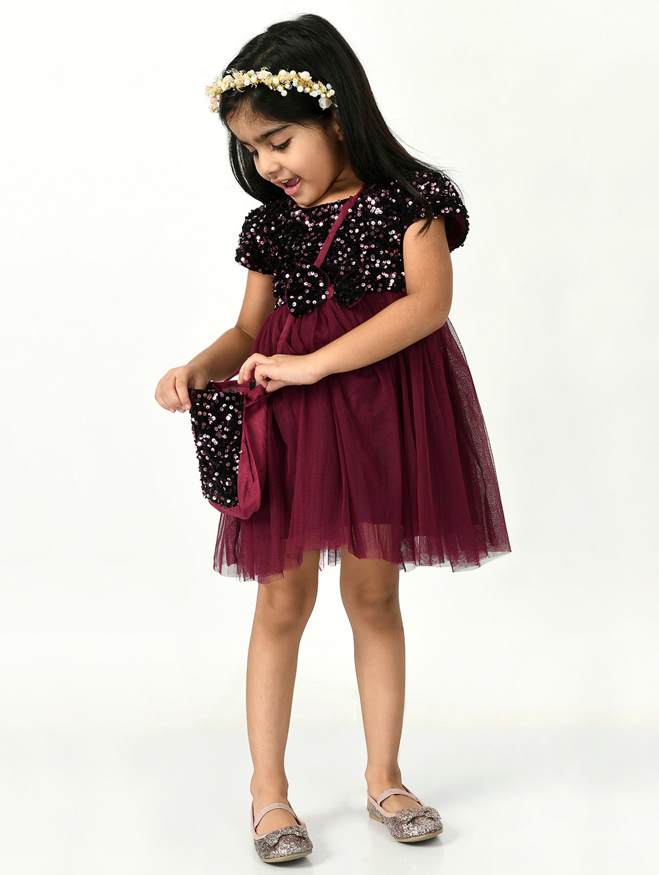 Maroon & Black Sequinned Fit & Flare Dress with Sling Bag