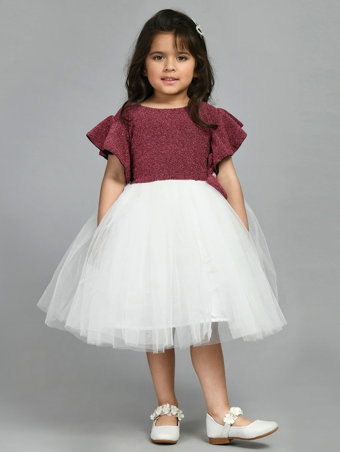 Maroon & White Embellished Fit & Flare Dress