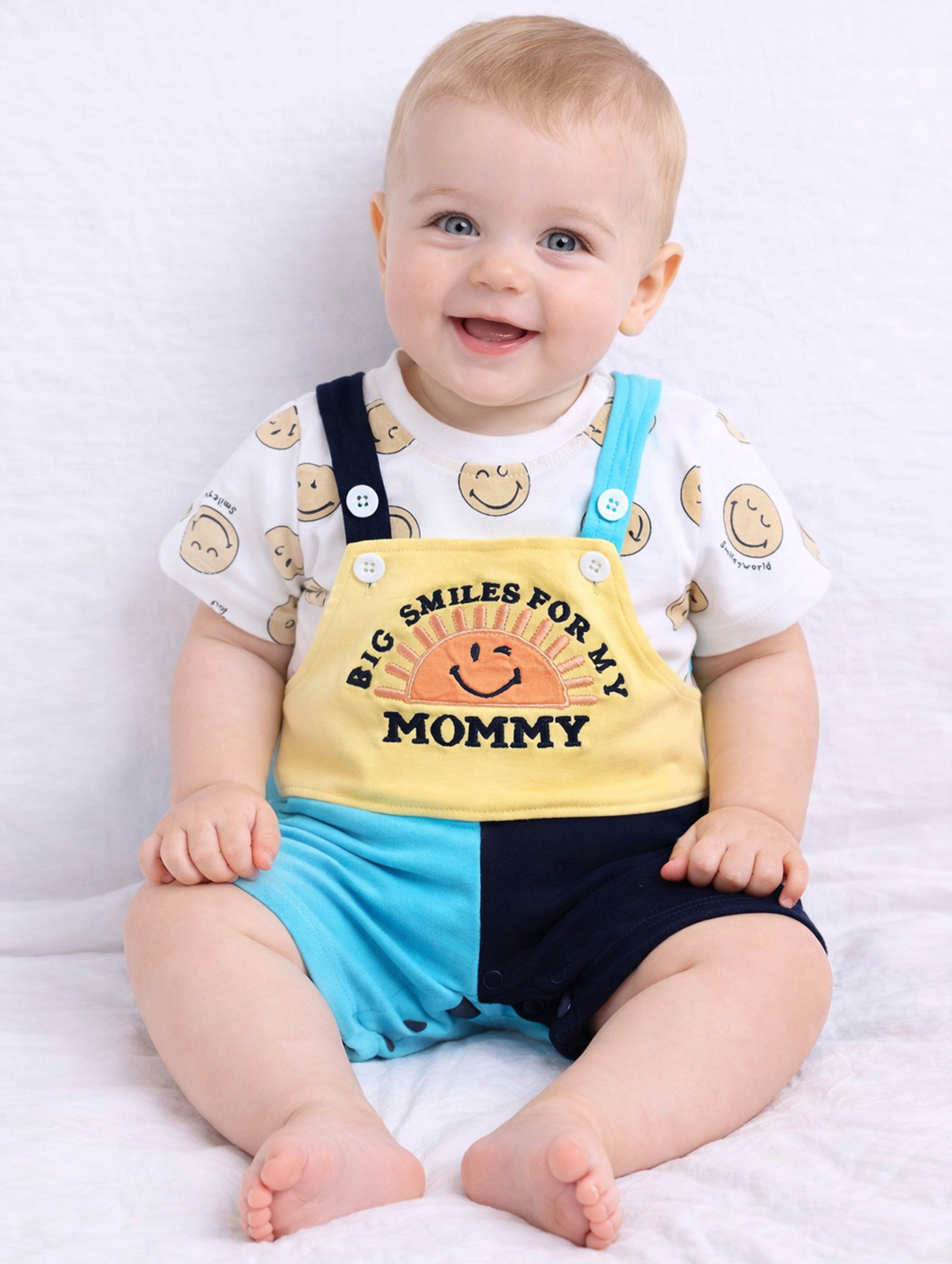 Big Smiles Baby Dungaree Set (Yellow & Blue)