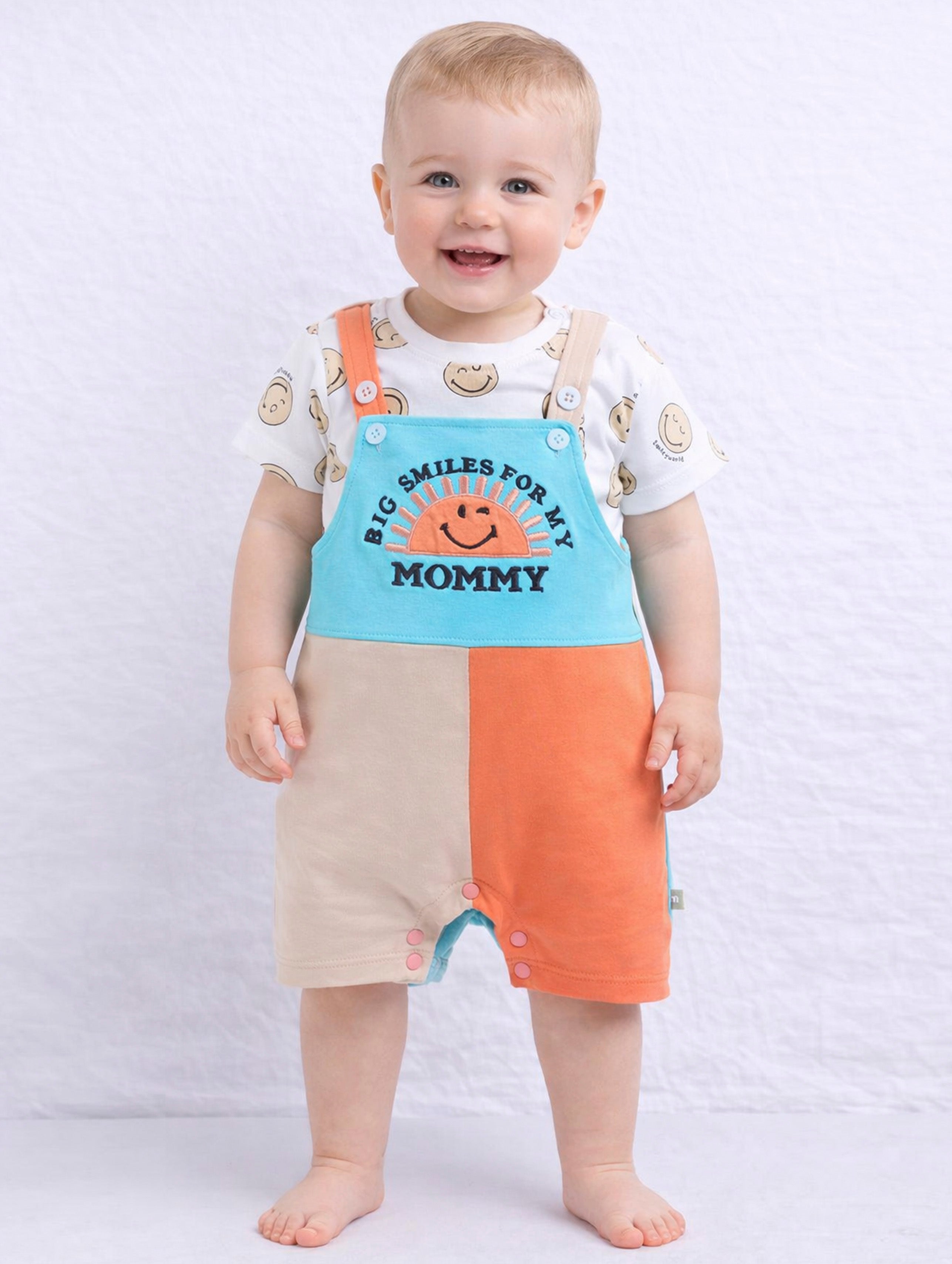 Big Smiles Baby Dungaree Set (Orange & Blue)