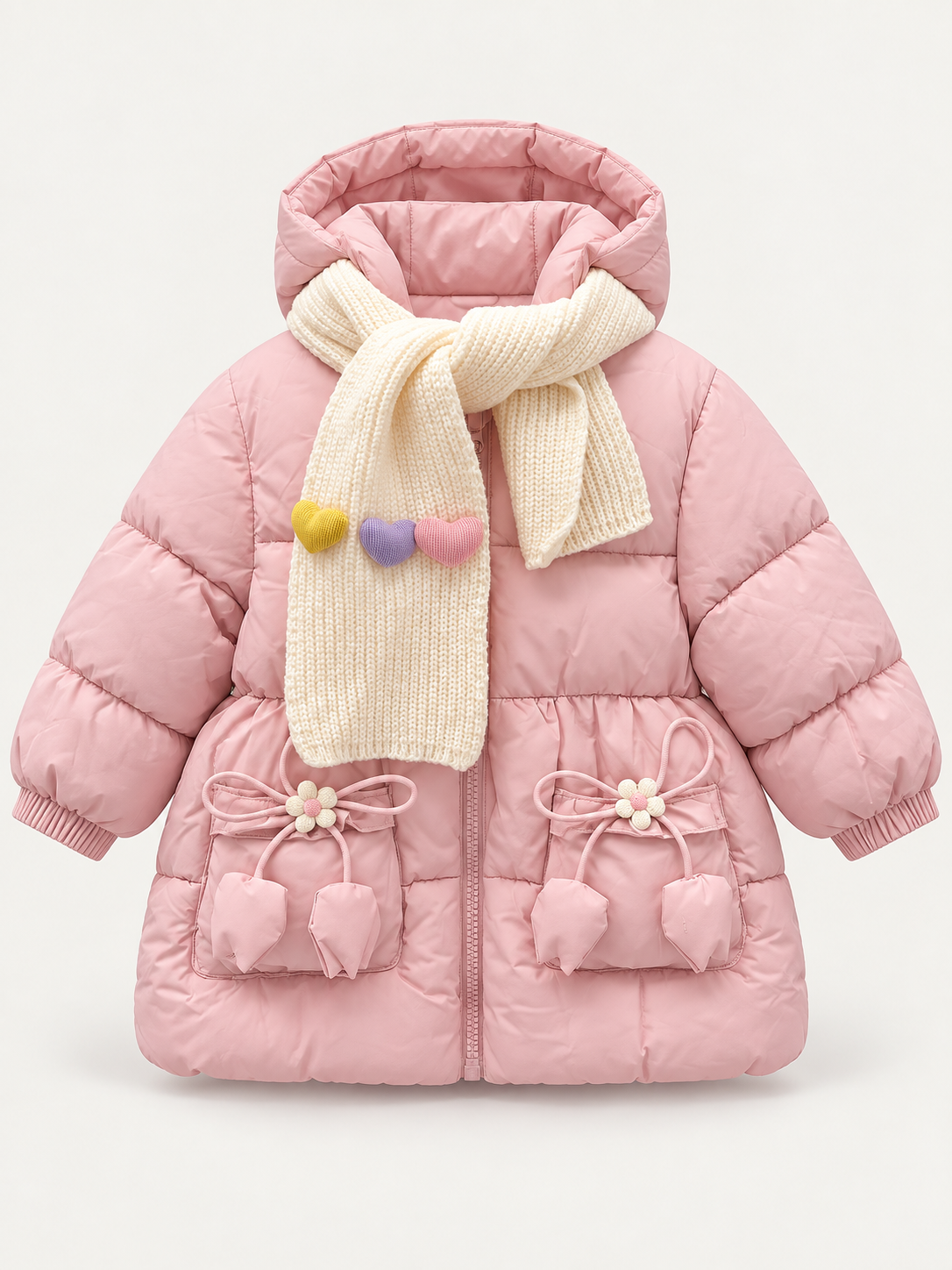 Kids Blush Pink Hooded Puffer Coat with Knitted Scarf