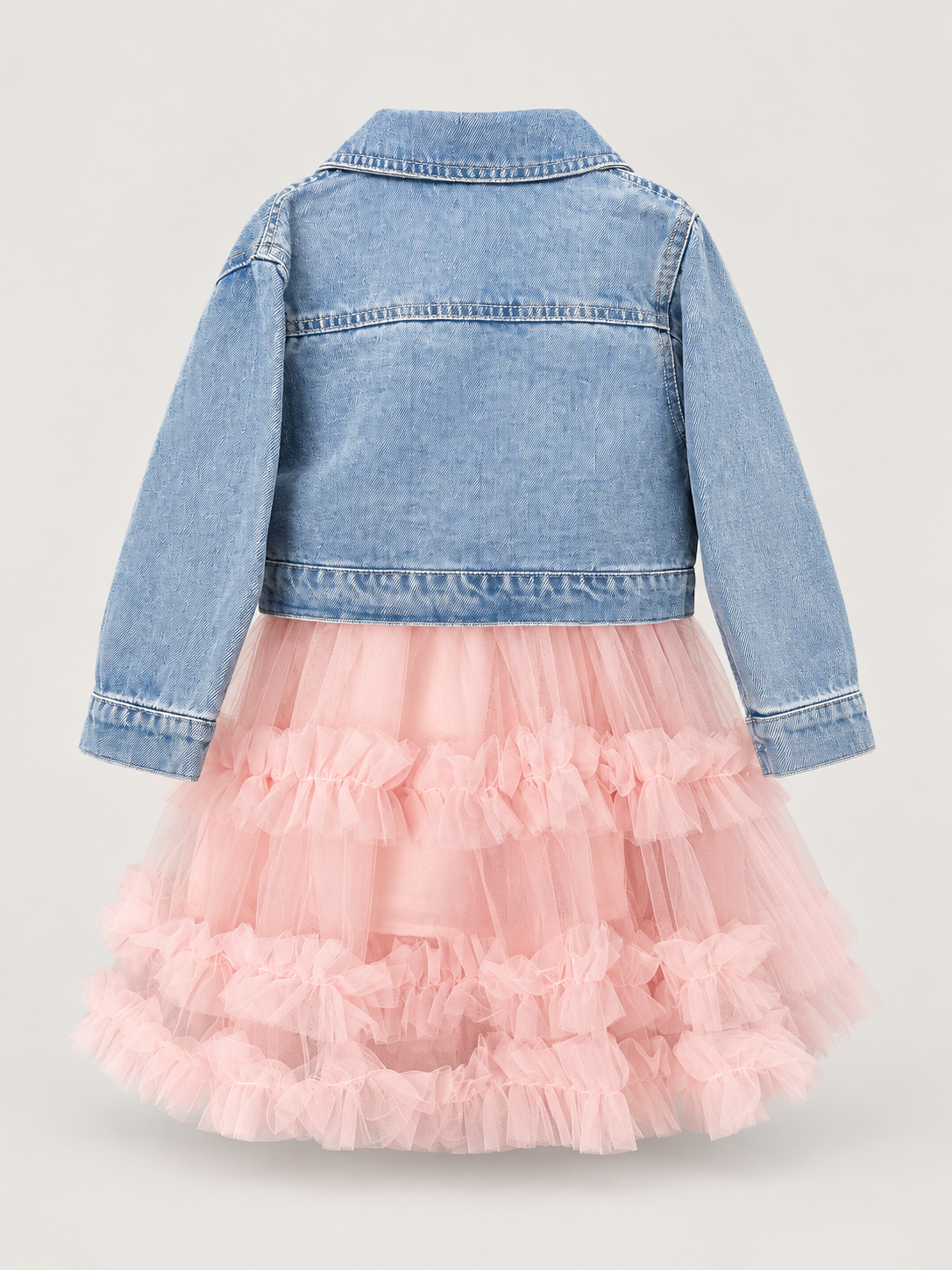 Girls Pink Ruffle Tulle Dress & Embellished Denim Jacket Set