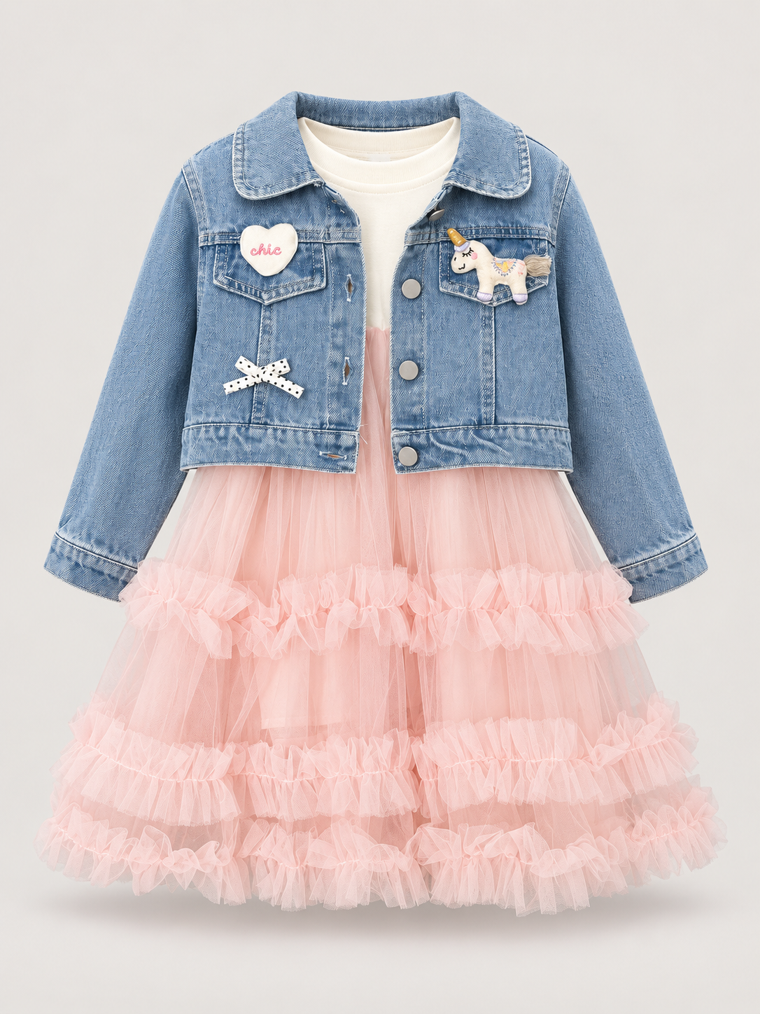 Girls Pink Ruffle Tulle Dress & Embellished Denim Jacket Set