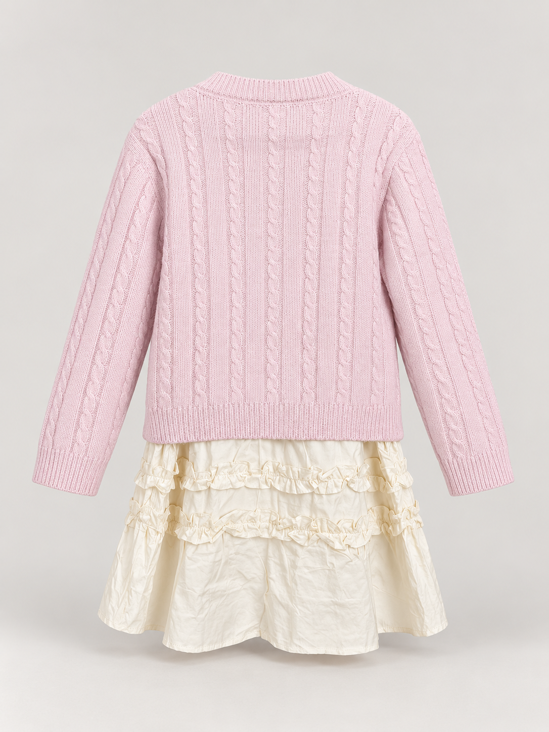 Girls Ivory Ruffle Dress & Pink Cable-Knit Cardigan Set