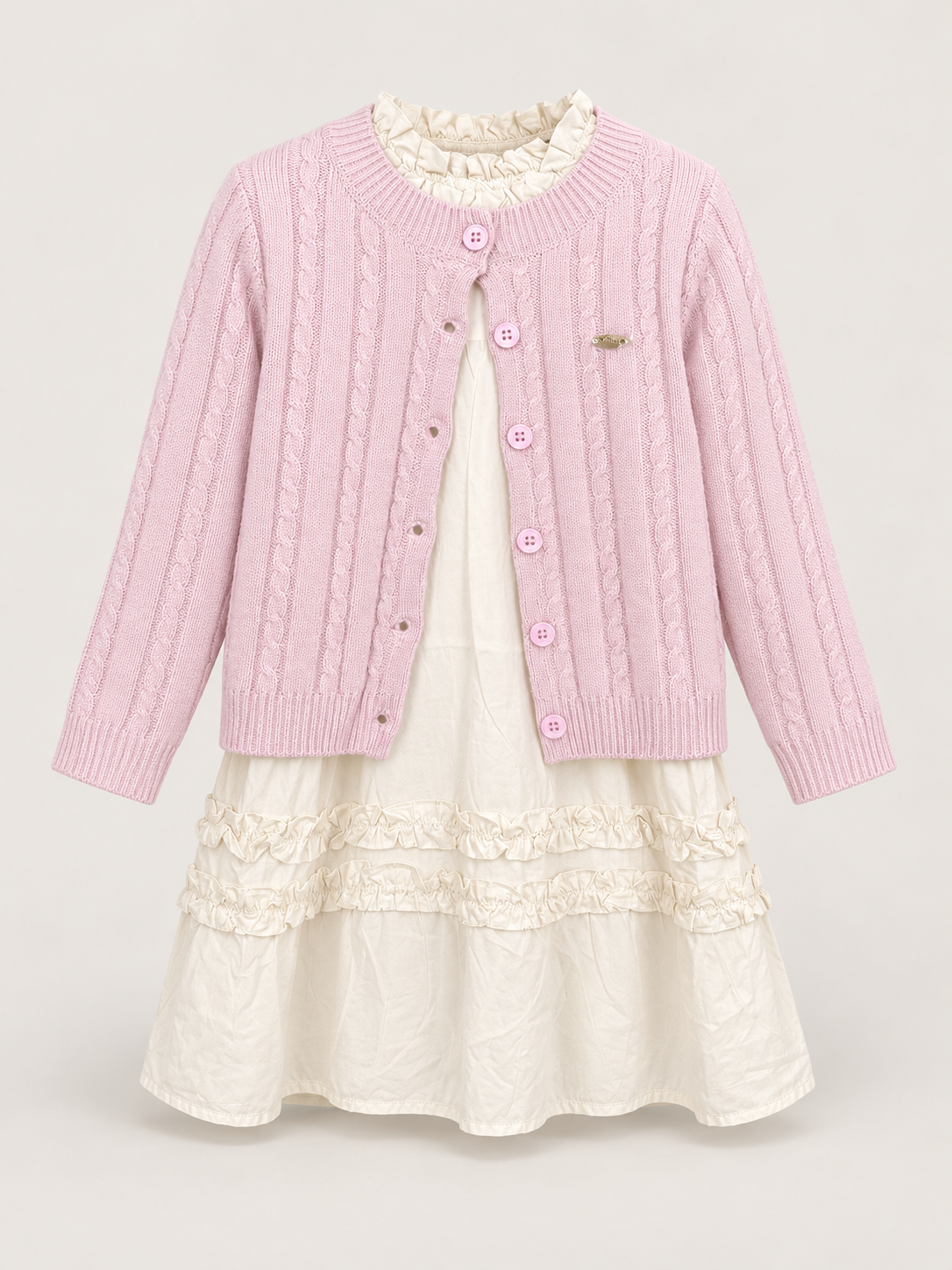 Girls Ivory Ruffle Dress & Pink Cable-Knit Cardigan Set