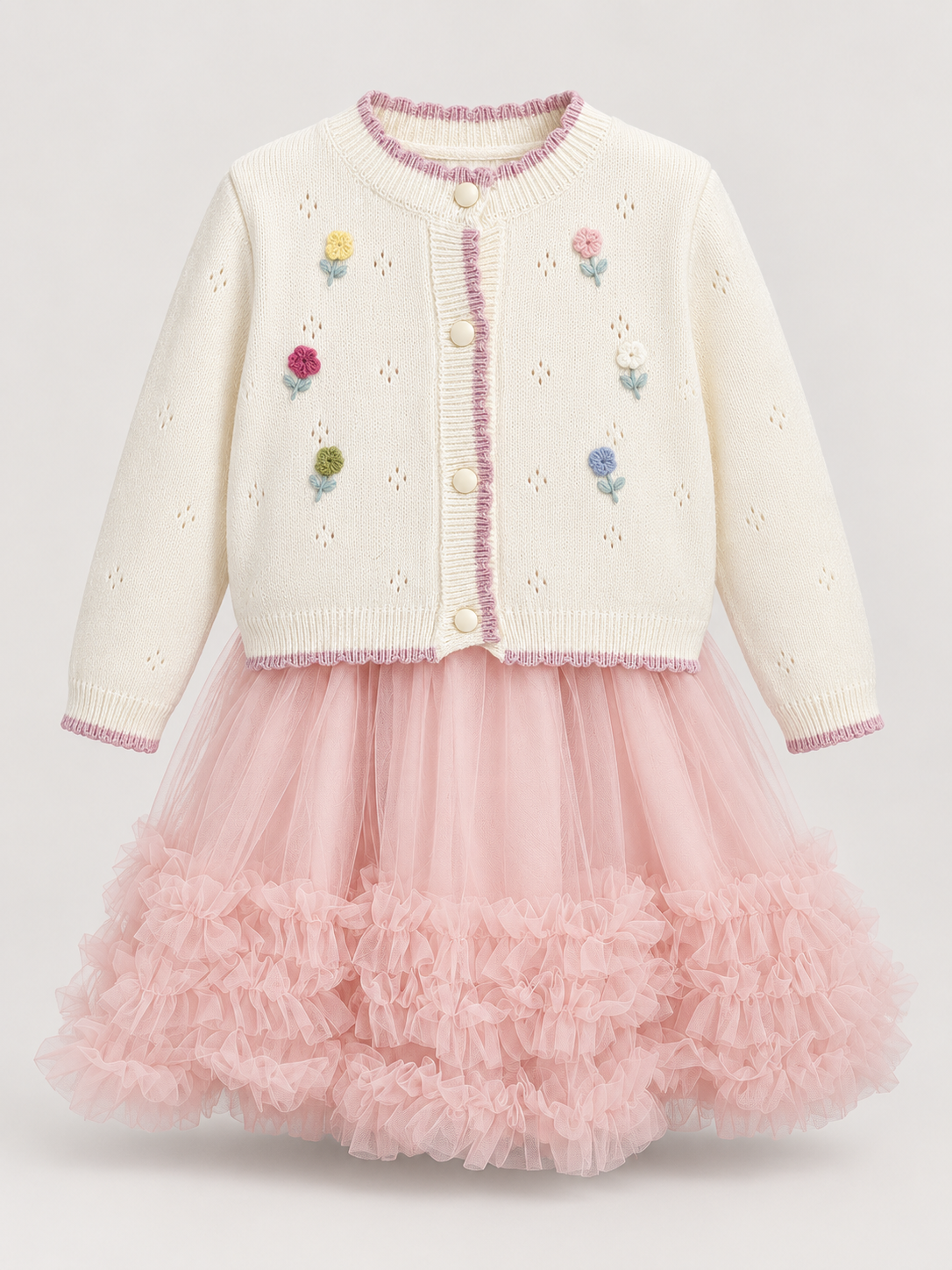 Girls Pink Ruffle Tulle Dress & Floral Knit Cardigan Set