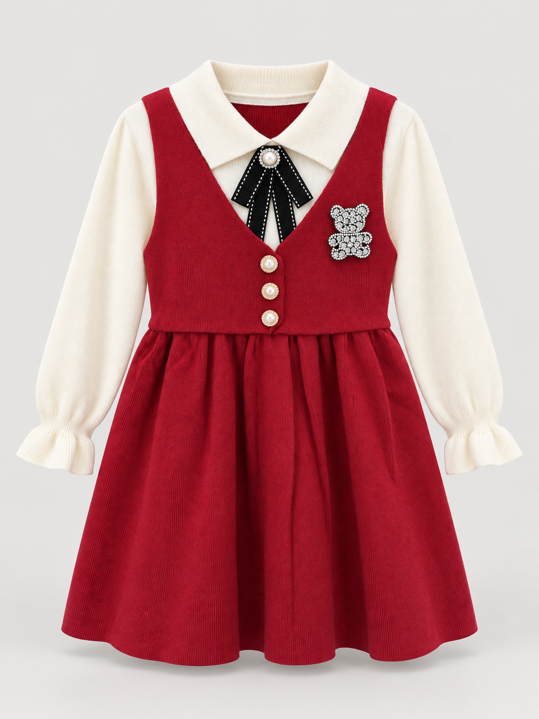 Girls Red Layered-Look Knit Dress with Sparkle Teddy