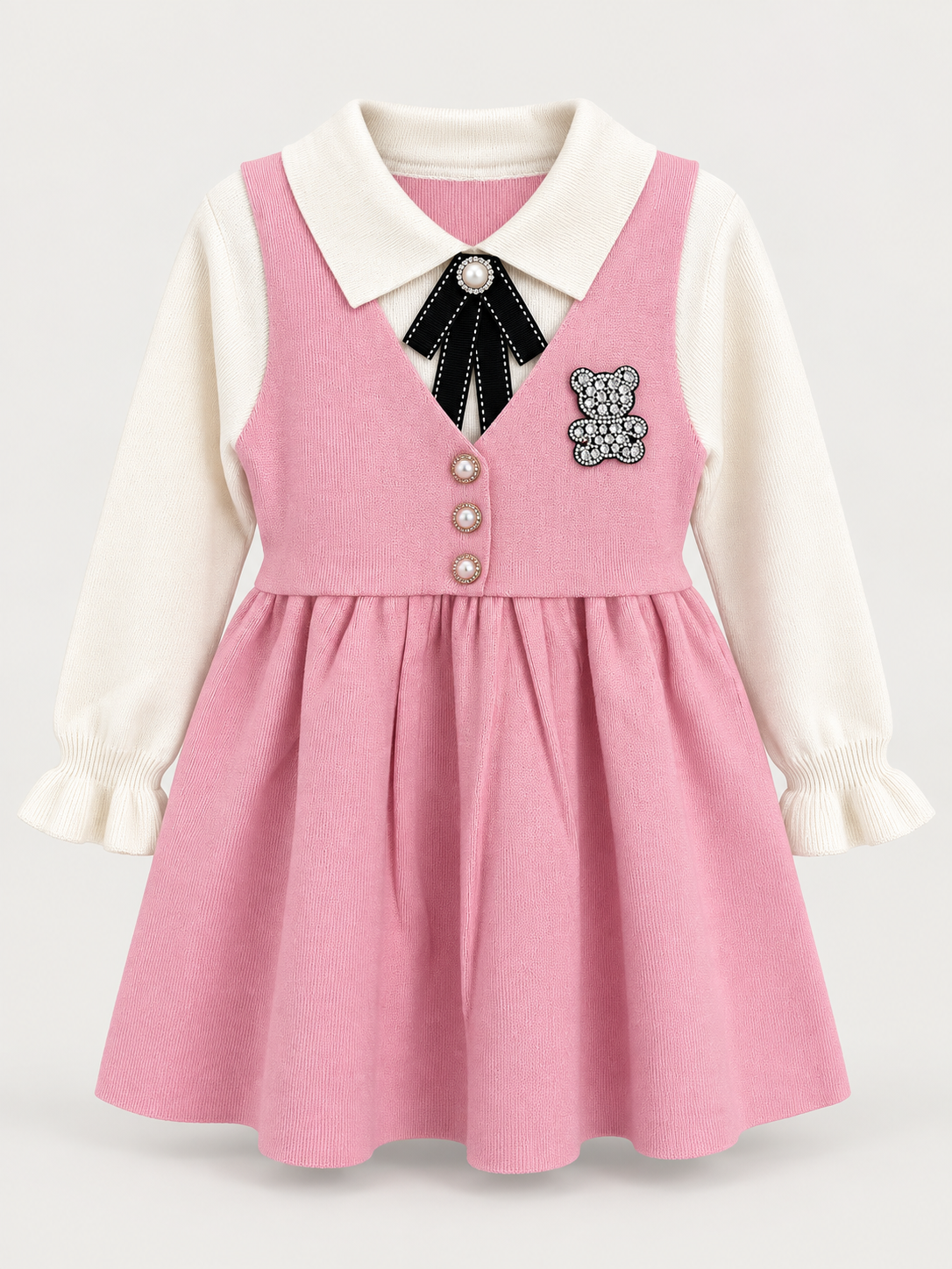 Girls Pink Layered-Look Knit Dress with Sparkle Teddy
