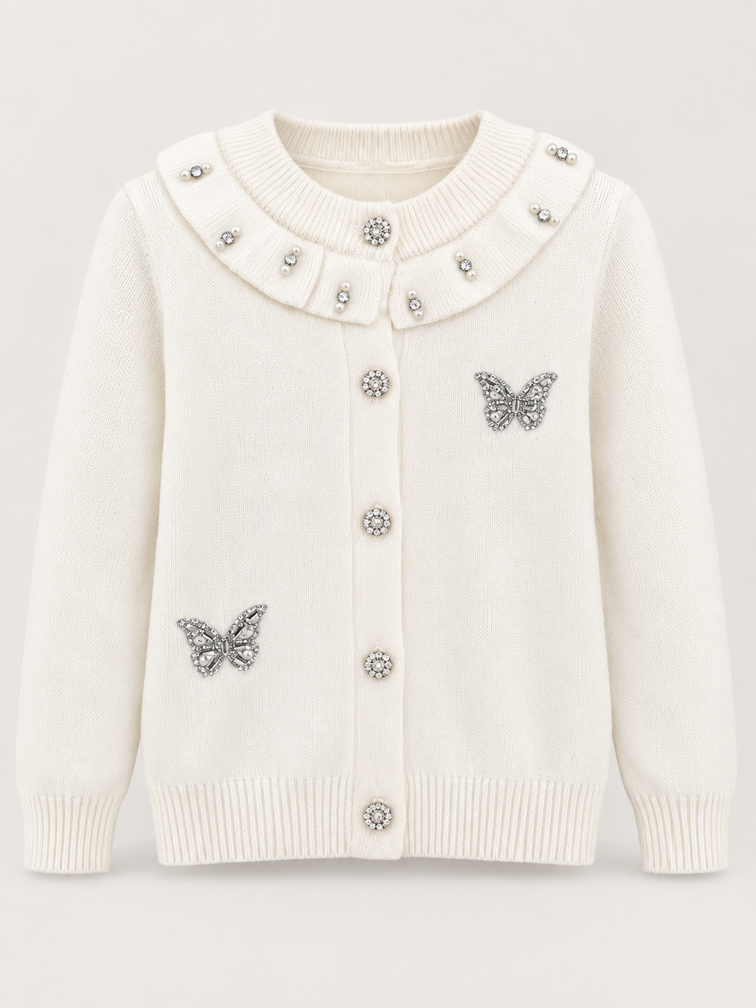 Girls Ivory Butterfly Embellished Knit Cardigan