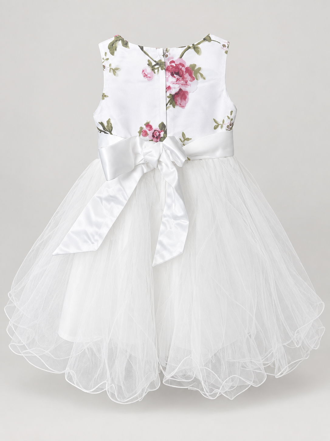 Girls White & Dusty Pink Floral Tulle Party Dress