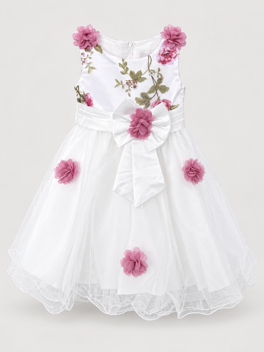 Girls White & Dusty Pink Floral Tulle Party Dress