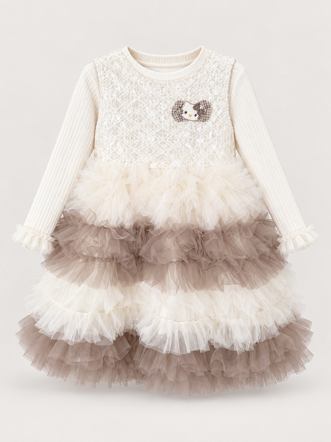 Girls Ivory & Mocha Tiered Tulle Party Dress
