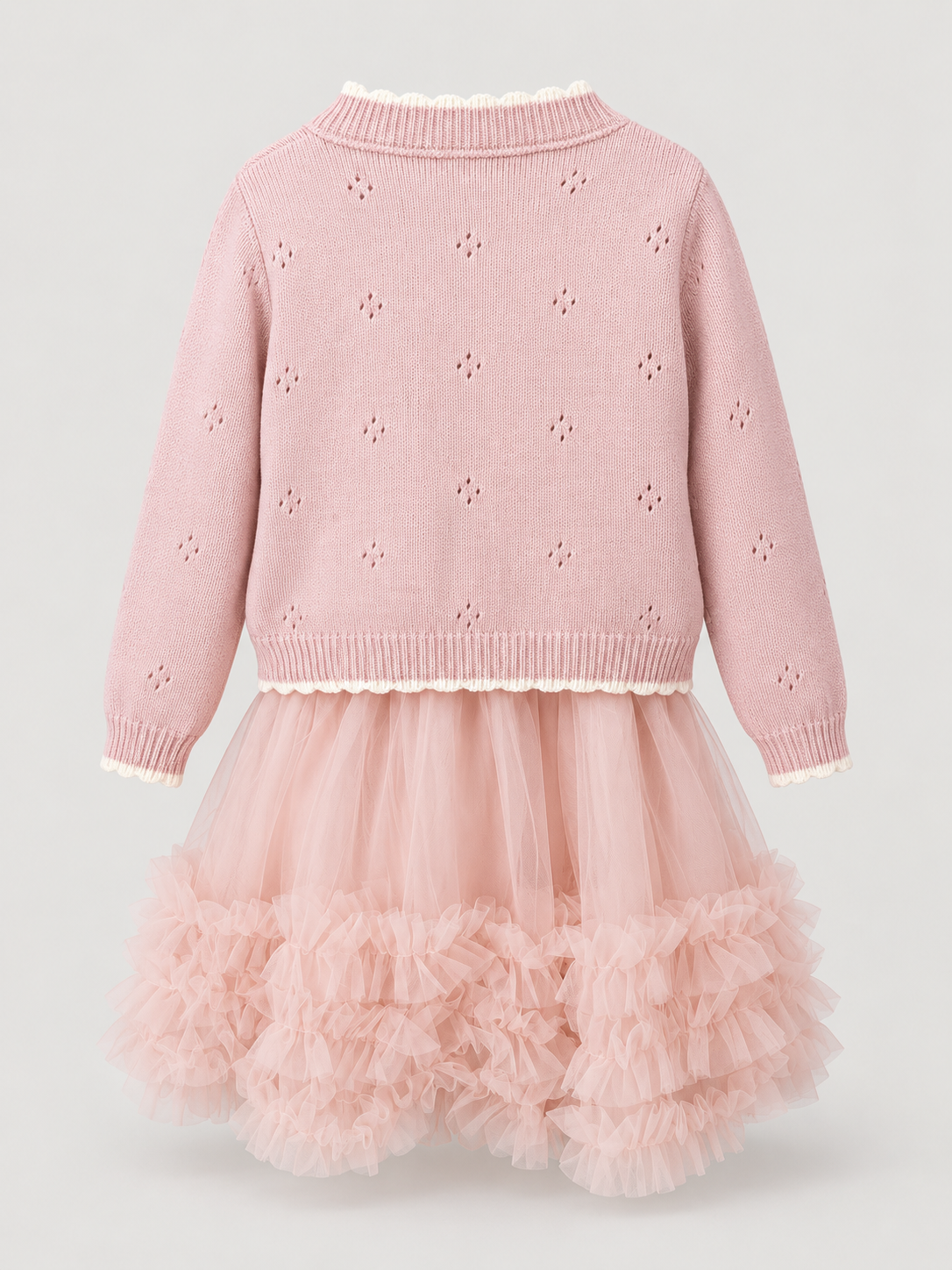 Girls Pink Floral Knit & Ruffle Tulle Party Dress