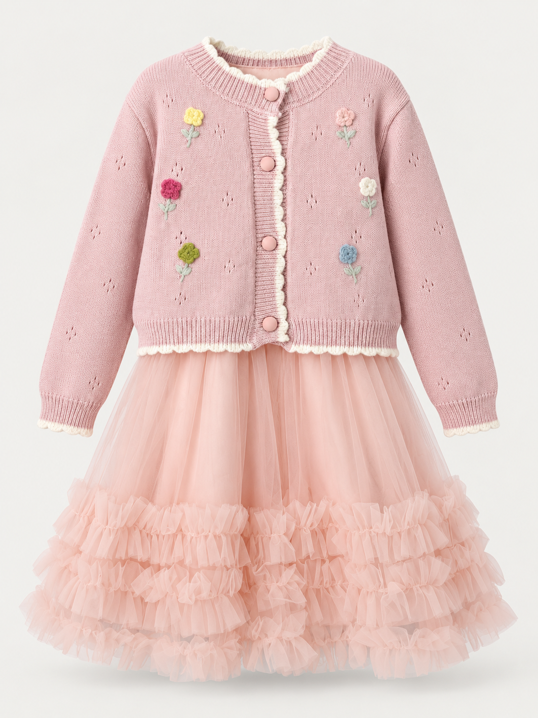 Girls Pink Floral Knit & Ruffle Tulle Party Dress