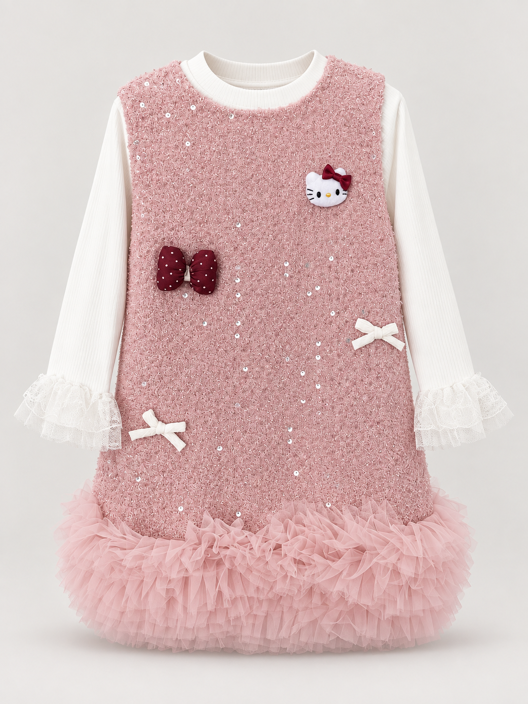Girls Dusty Pink Sparkle Kitty Ruffle Dress