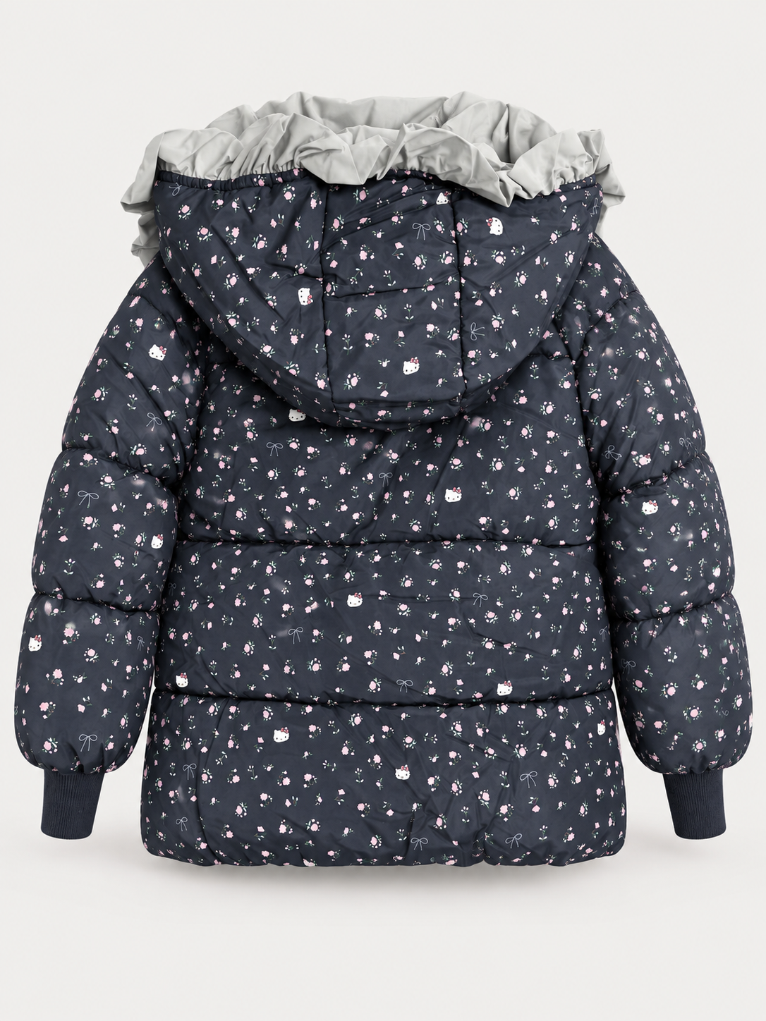 Kids Floral Hooded Puffer Jacket with Plush Cat Pouch