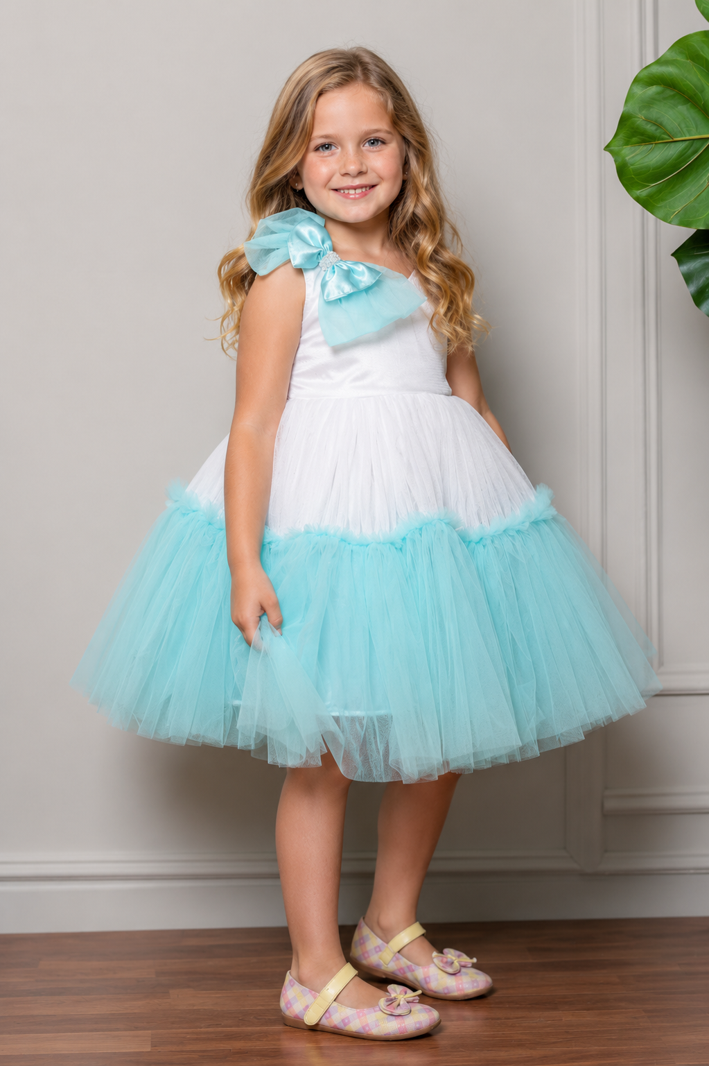 Girls White & Aqua Tulle Party Dress
