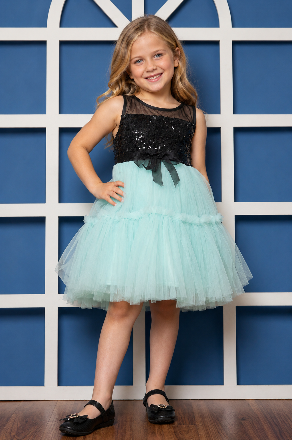 Girls Black Sequin & Mint Tulle Party Dress
