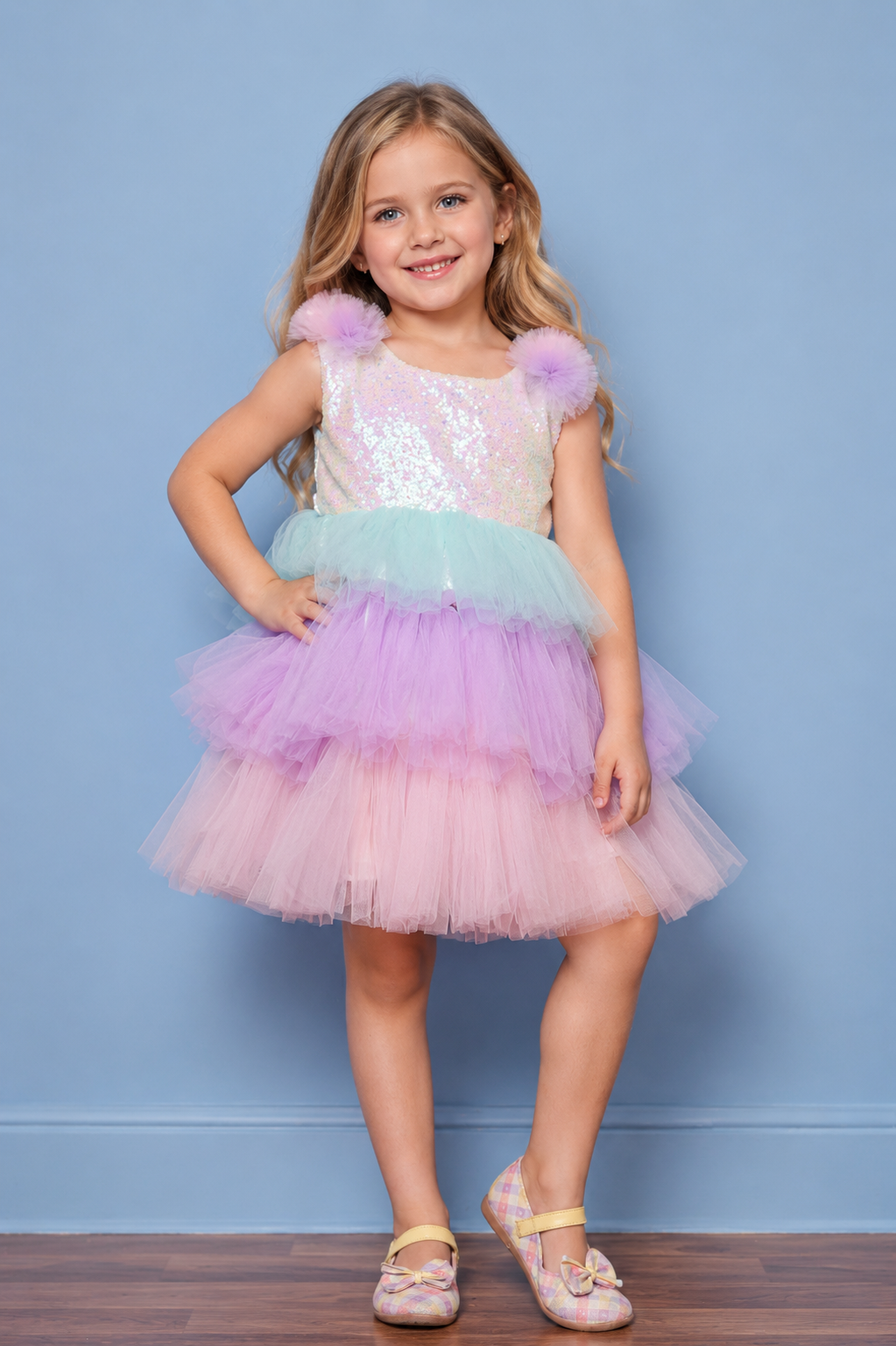 Girls Pastel Sequin Layered Tulle Party Dress