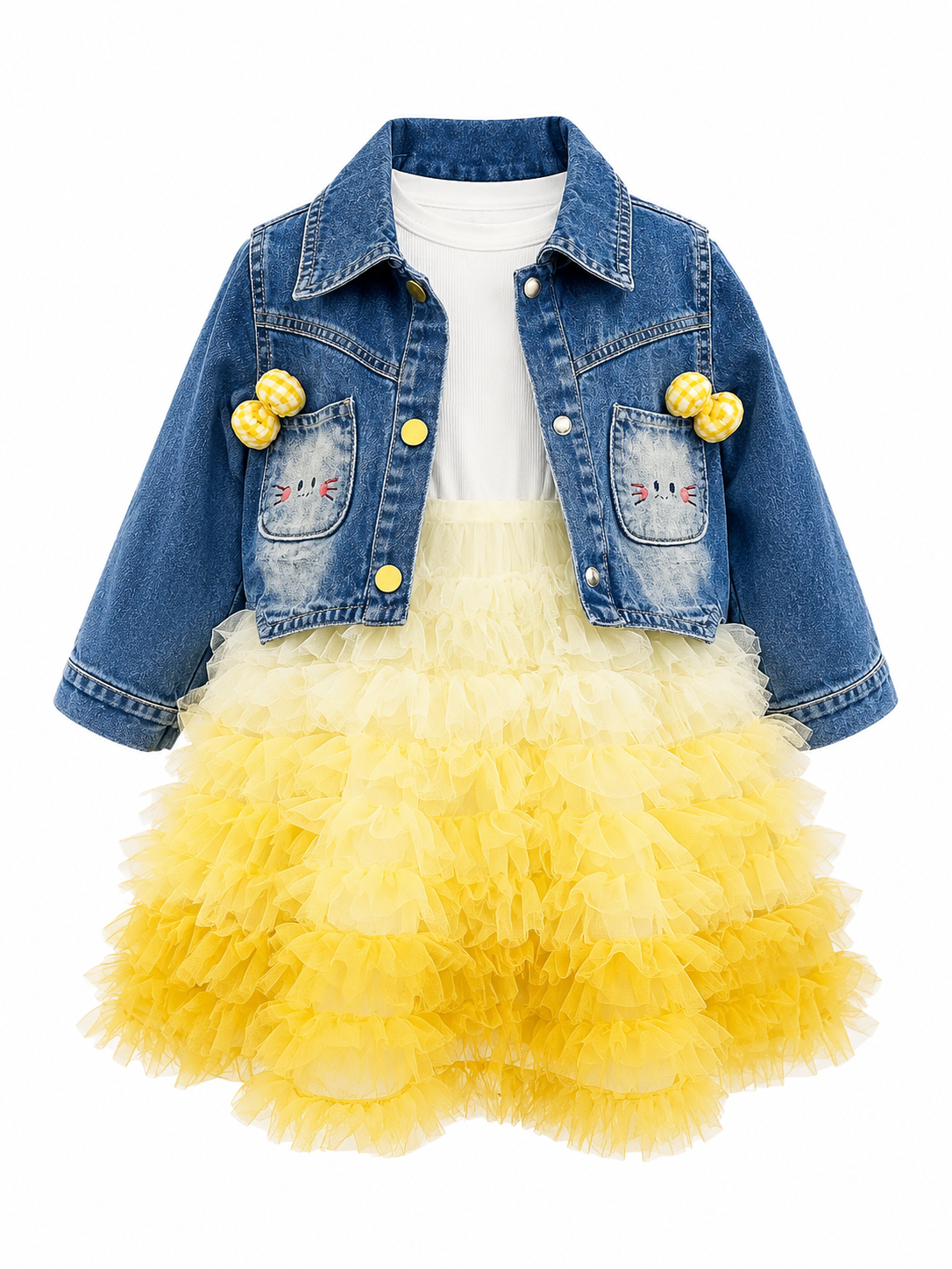 Girls Yellow Ruffle Dress with Denim Jacket Set