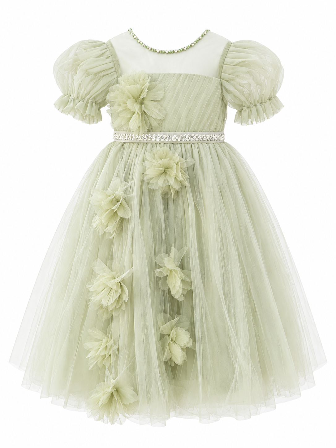Sage Green 3D Floral Party Dress for Girls