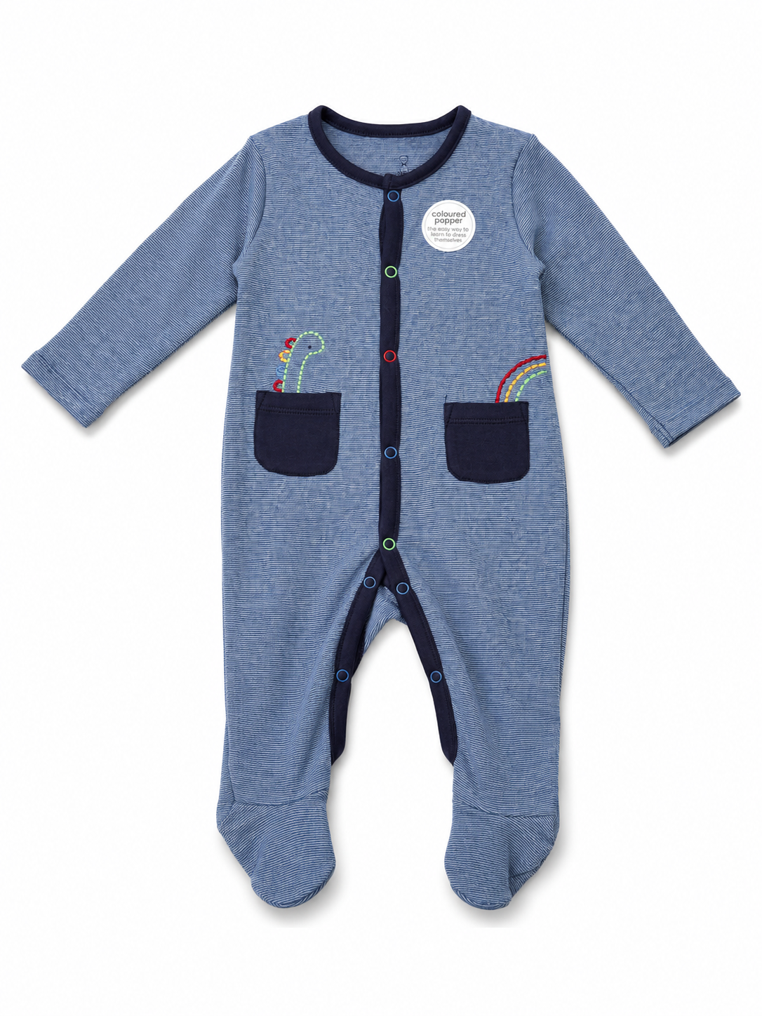 Mothercare 3-Pack Baby Boys Dinosaur Sleepsuits – Blue & Stripe