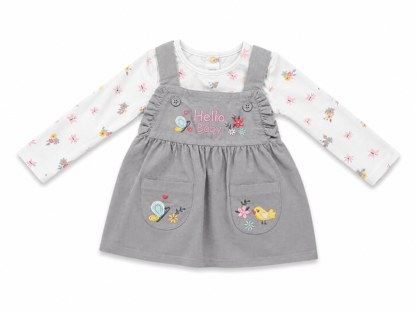 Baby Girls Cord Pinafore Dress & Floral Long Sleeve Top Set – Grey