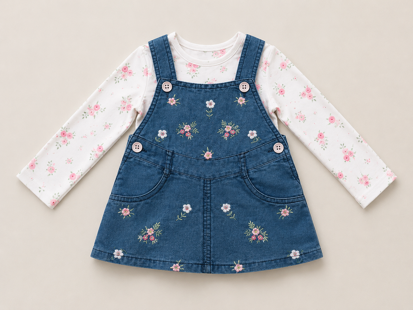 Baby Girls Embroidered Denim Pinafore Dress & Floral Long Sleeve Top Set