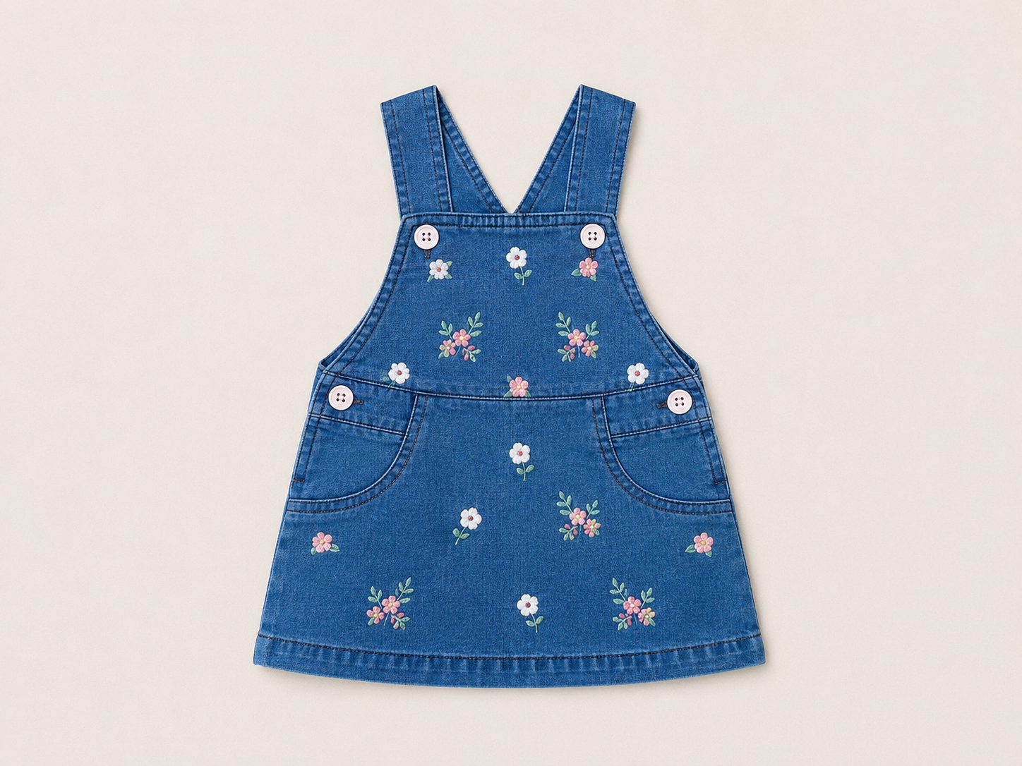Baby Girls Embroidered Denim Pinafore Dress & Floral Long Sleeve Top Set