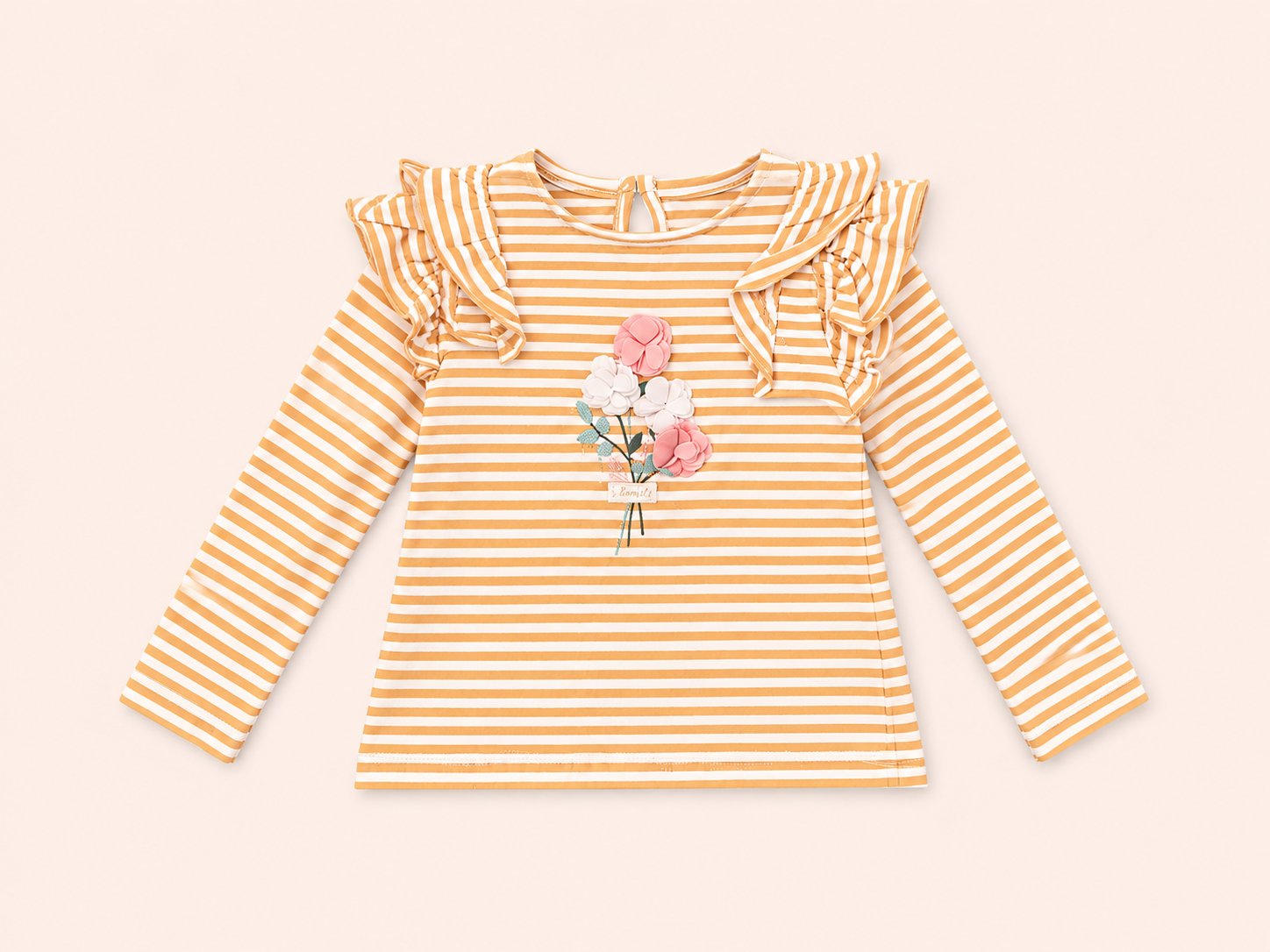 Mothercare Girls Floral Appliqué Frill Long Sleeve Top – Mustard Stripe