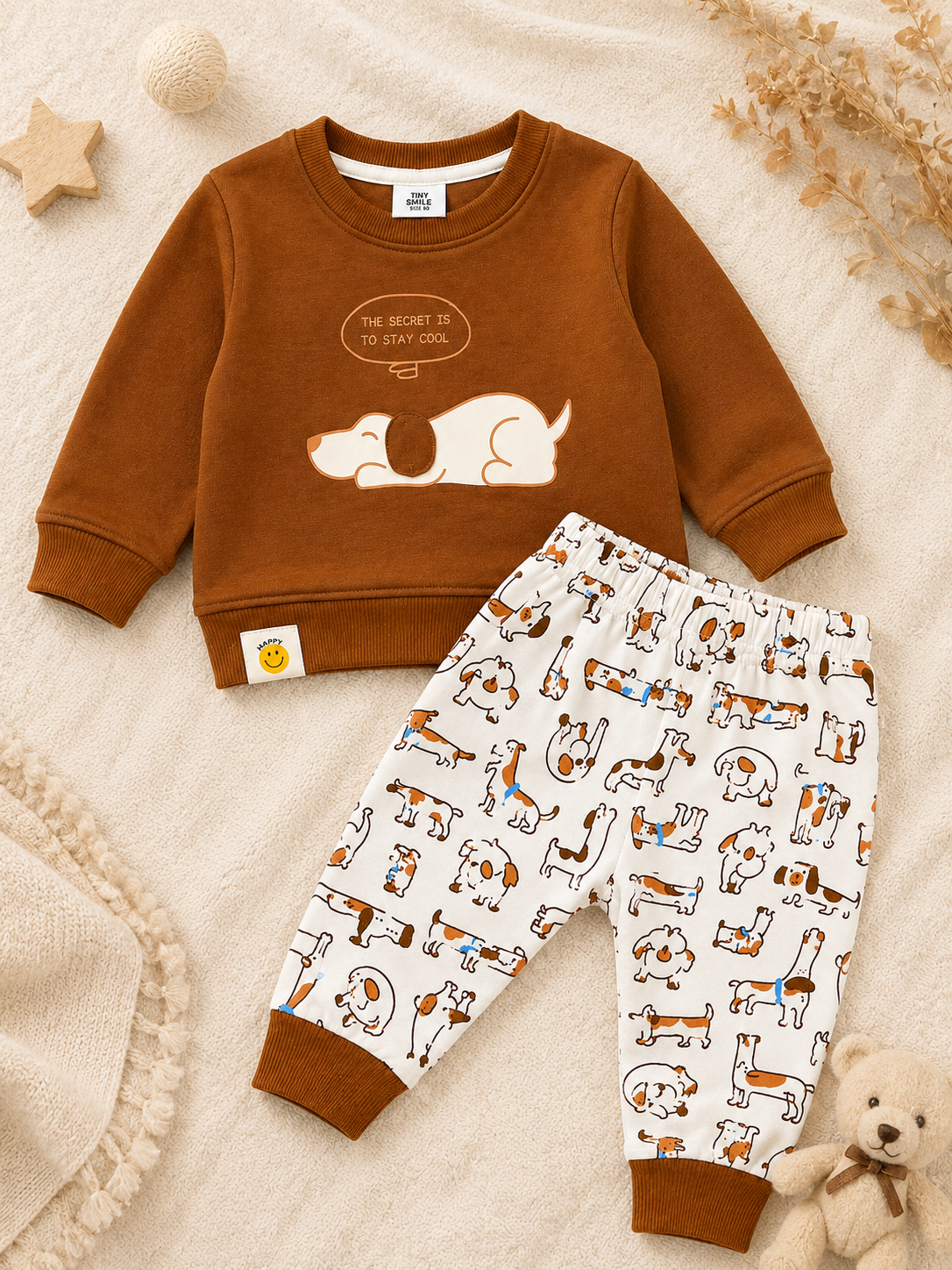 Light Brown Puppy Baby Sweatshirt & Printed Jogger Set