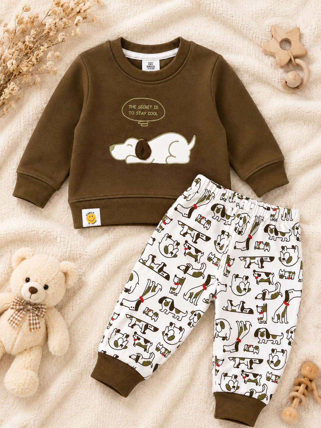 Brown Puppy Print Baby Sweatshirt & Jogger Set