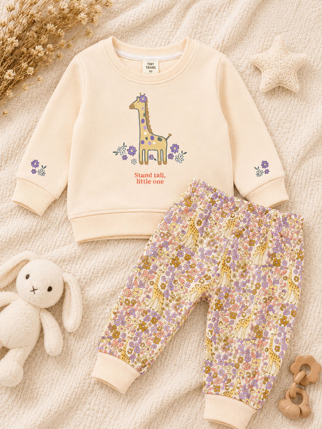 Cream Giraffe Baby Sweatshirt & Floral Jogger Set