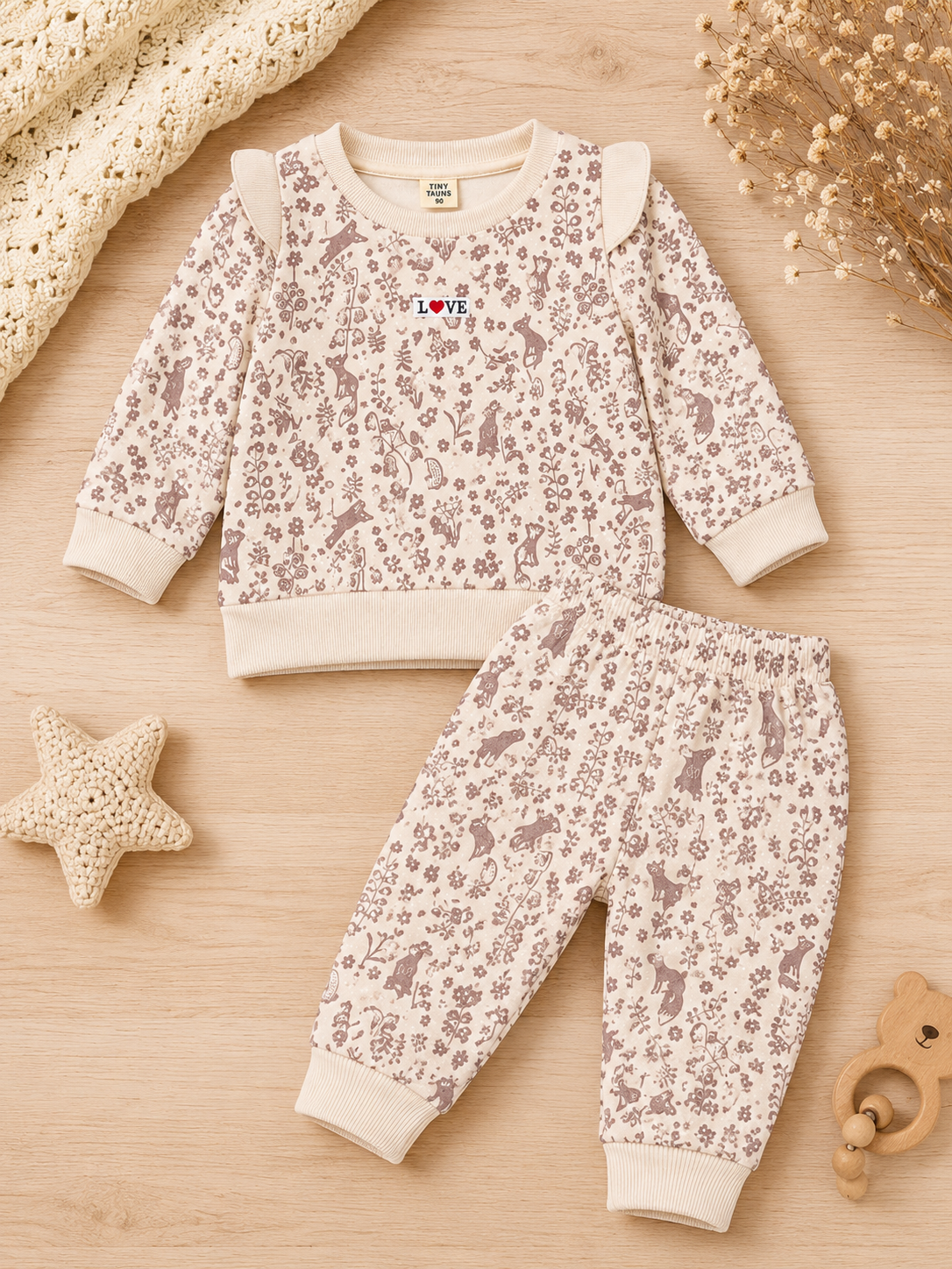 Beige Woodland Print Baby Sweatshirt & Jogger Set