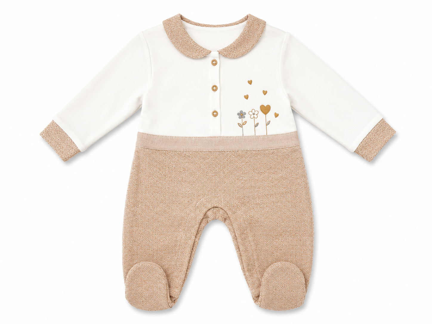 Cream & Beige Baby Footed Romper with Embroidered Hearts