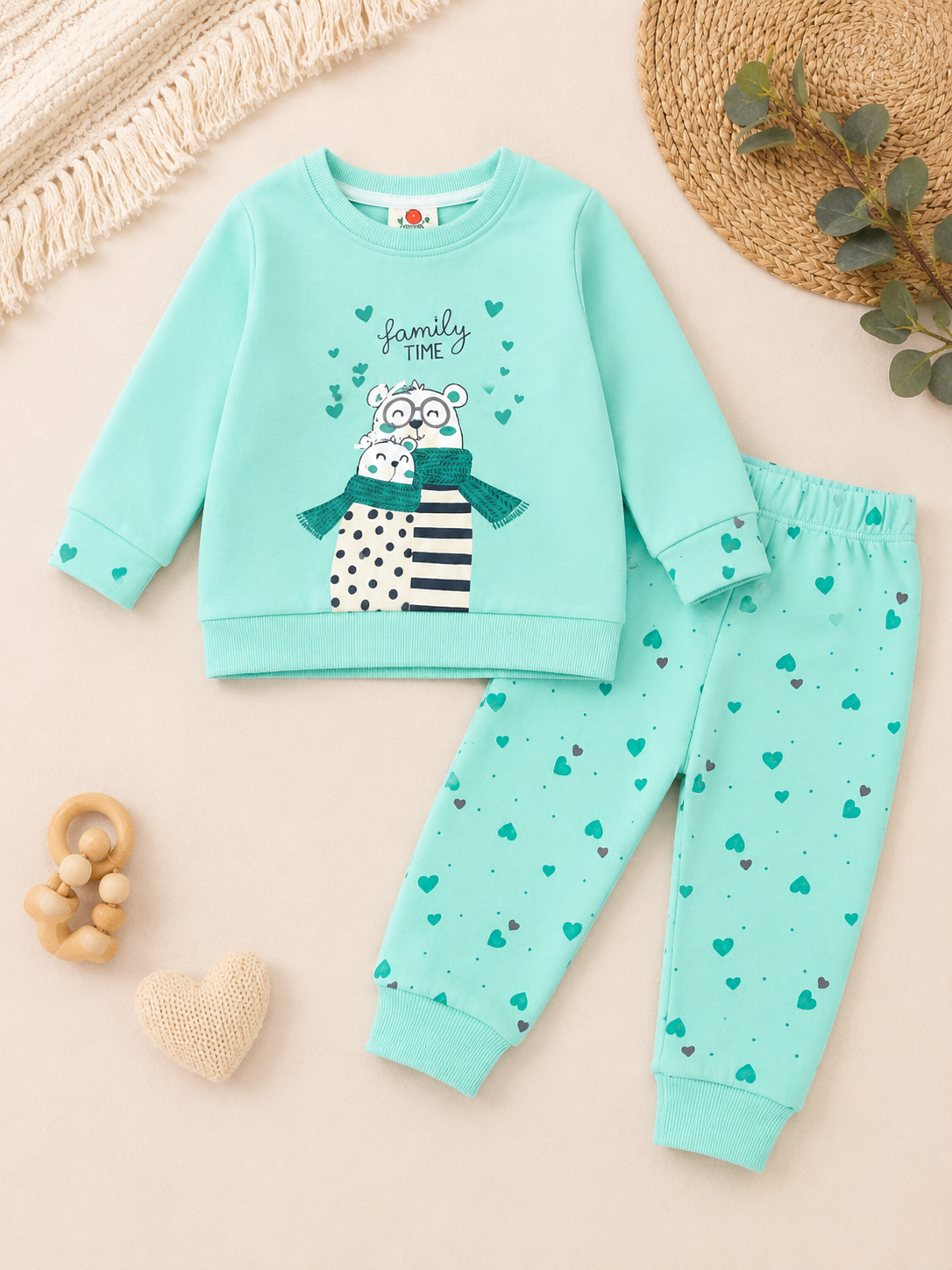 Mint Family Time Baby Sweatshirt & Heart Print Jogger Set