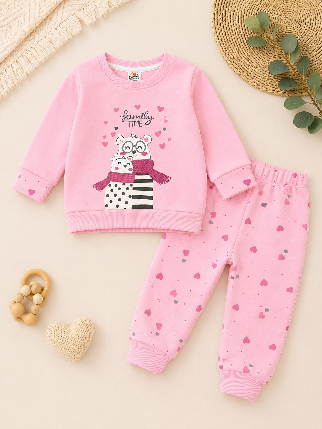 Pink Family Time Baby Sweatshirt & Heart Print Jogger Set