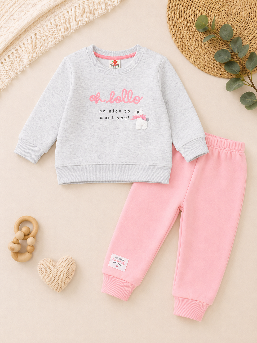 Grey Oh Hello Baby Sweatshirt & Pink Jogger Set