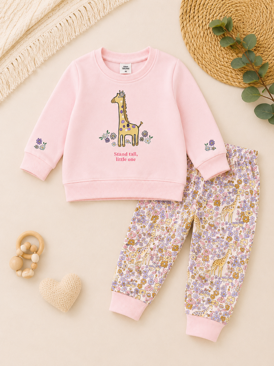 Pink Giraffe Baby Sweatshirt & Floral Jogger Set