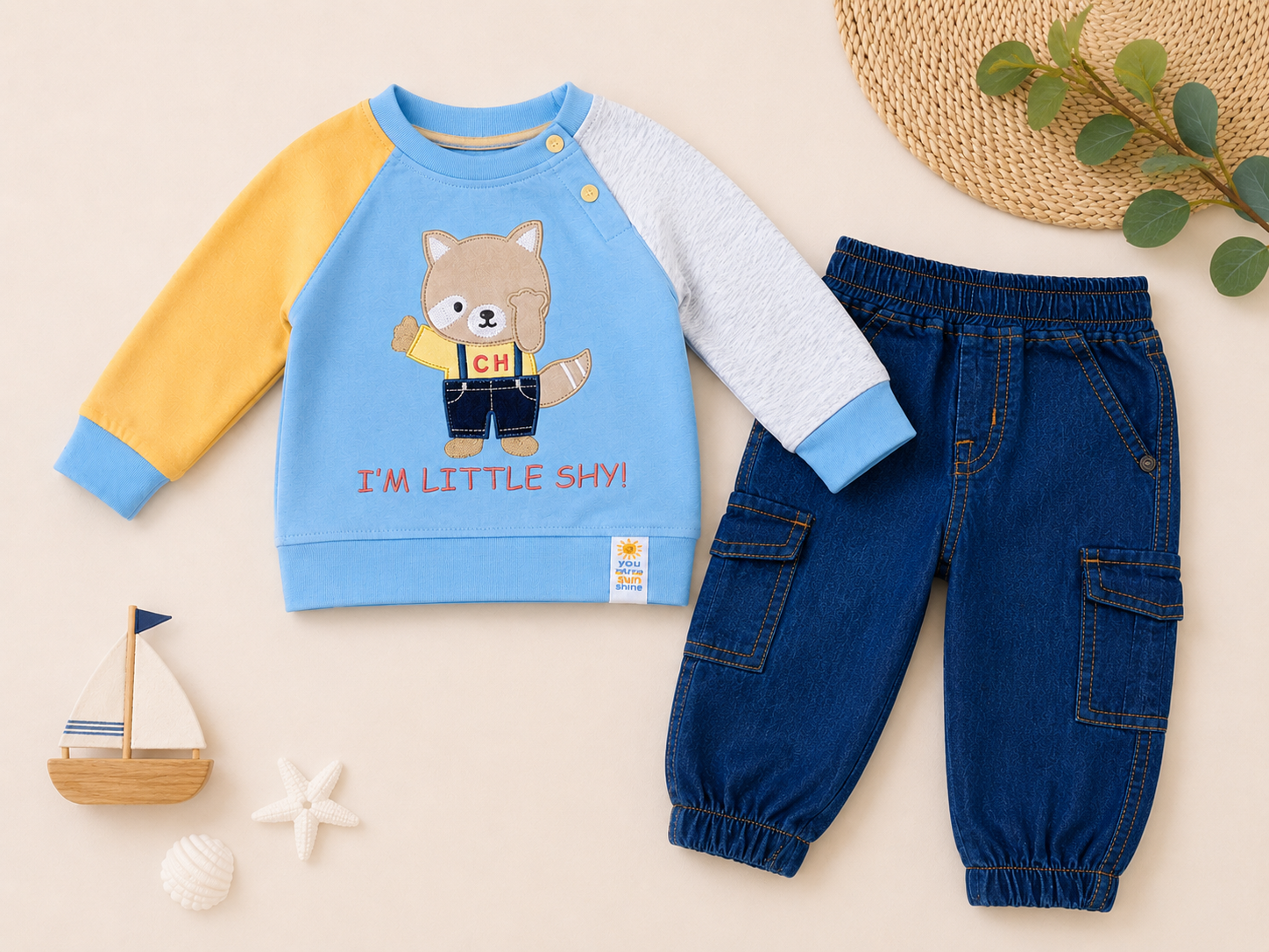 Blue Little Shy Baby Sweatshirt & Denim Cargo Pants Set