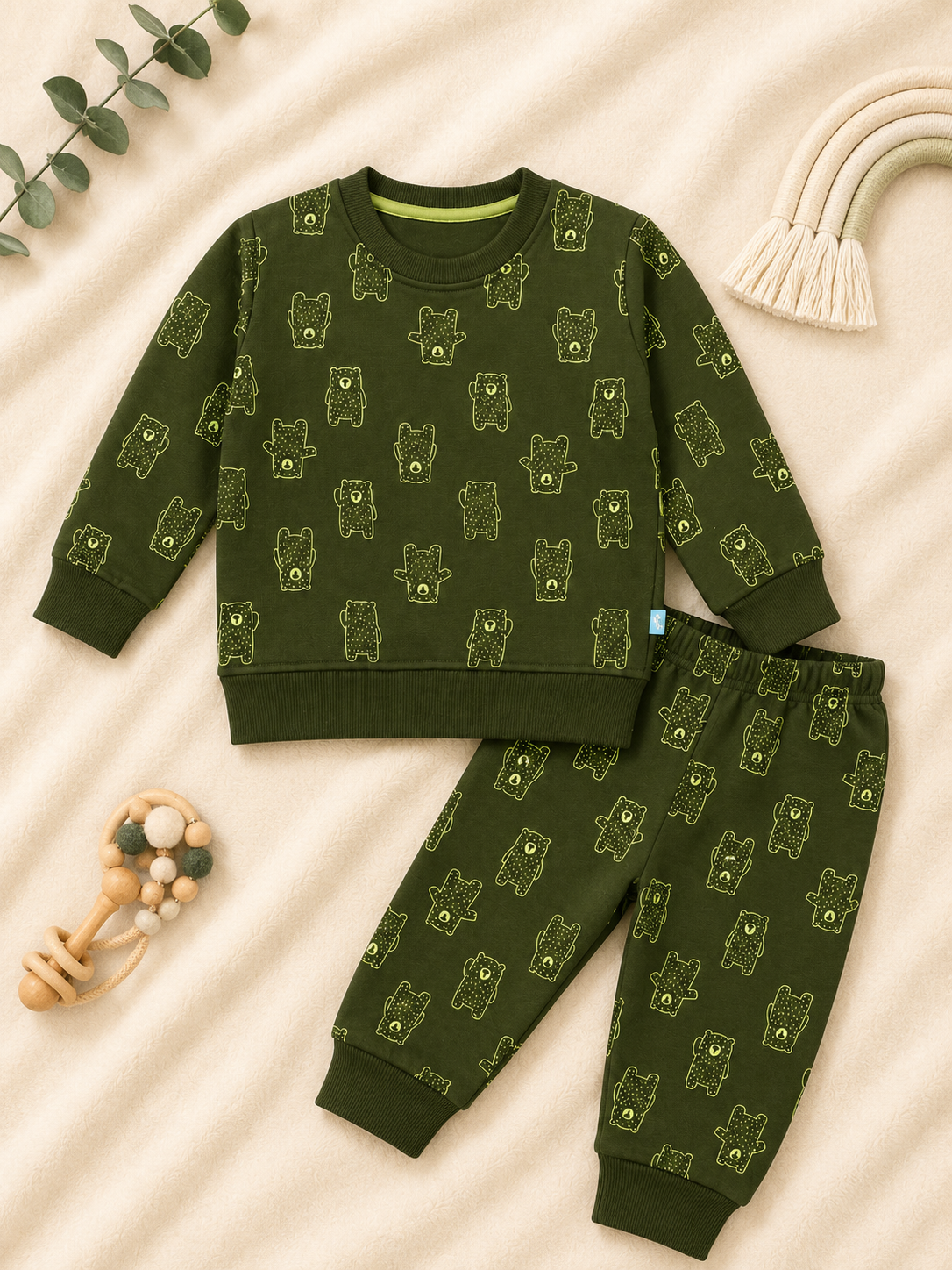 Olive Bear Print Baby Sweatshirt & Jogger Set