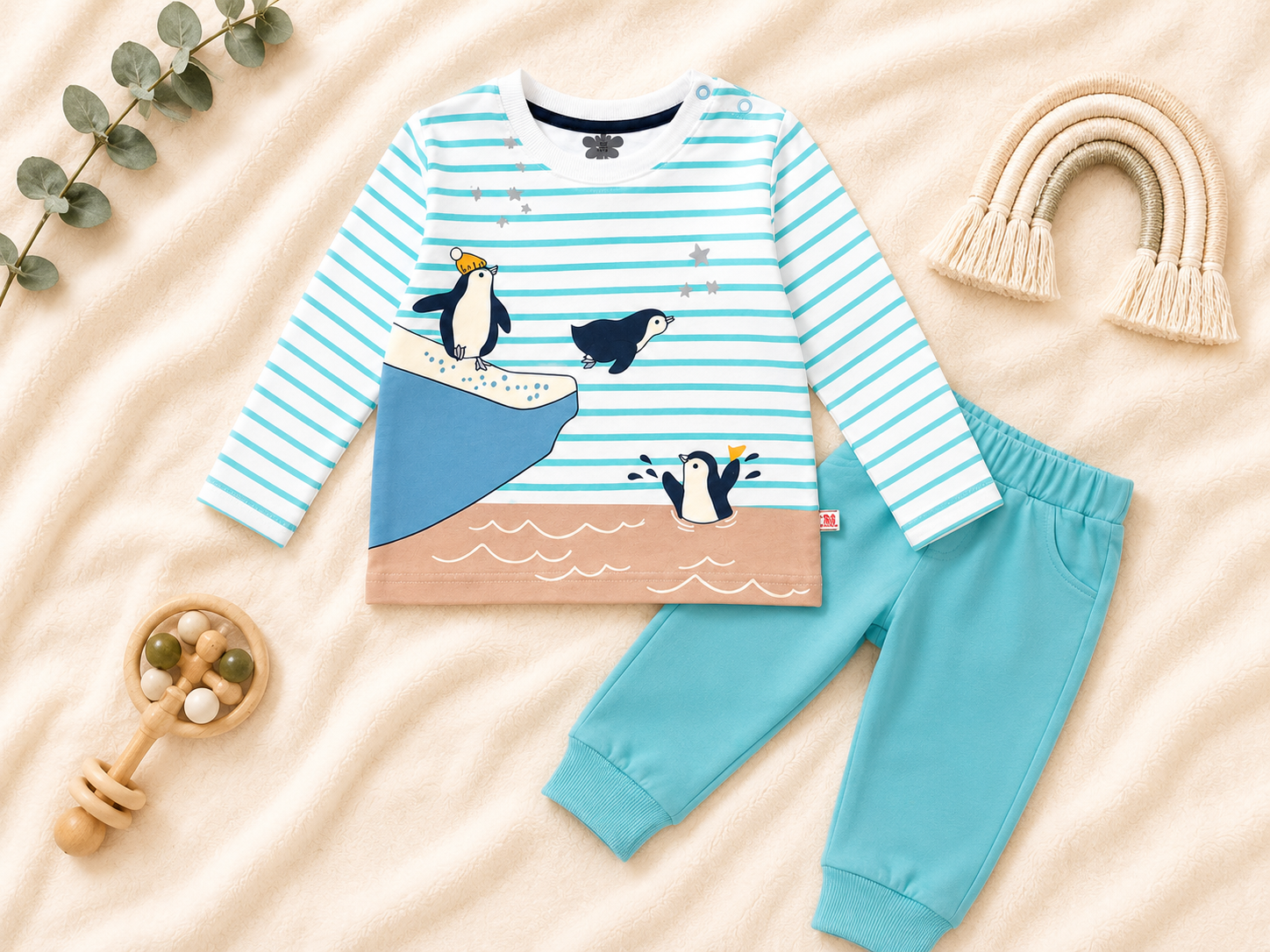 Penguin Print Baby Long Sleeve Top & Pants Set 2