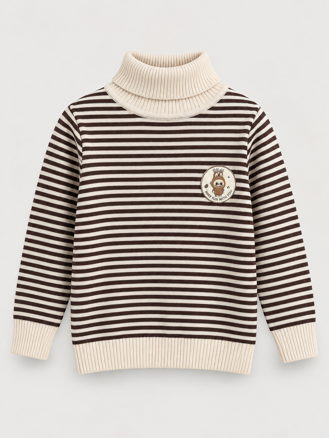 Kids Cream & Brown Striped Roll-Neck Knit Jumper