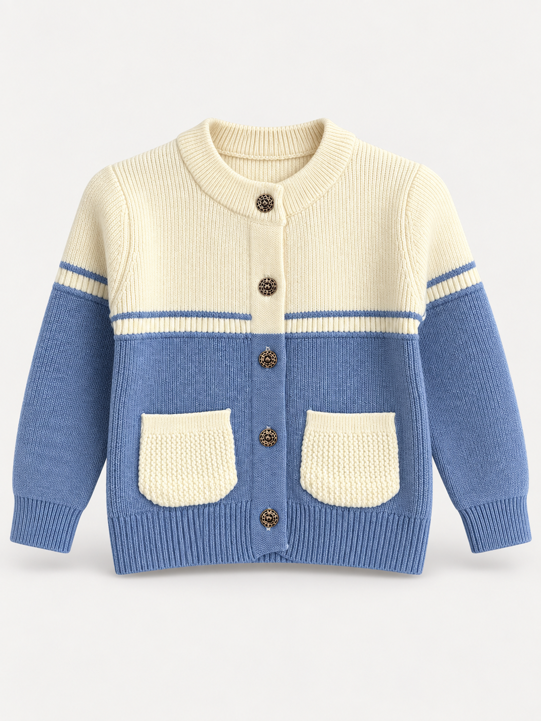 Kids Cream & Blue Colour-Block Knit Cardigan