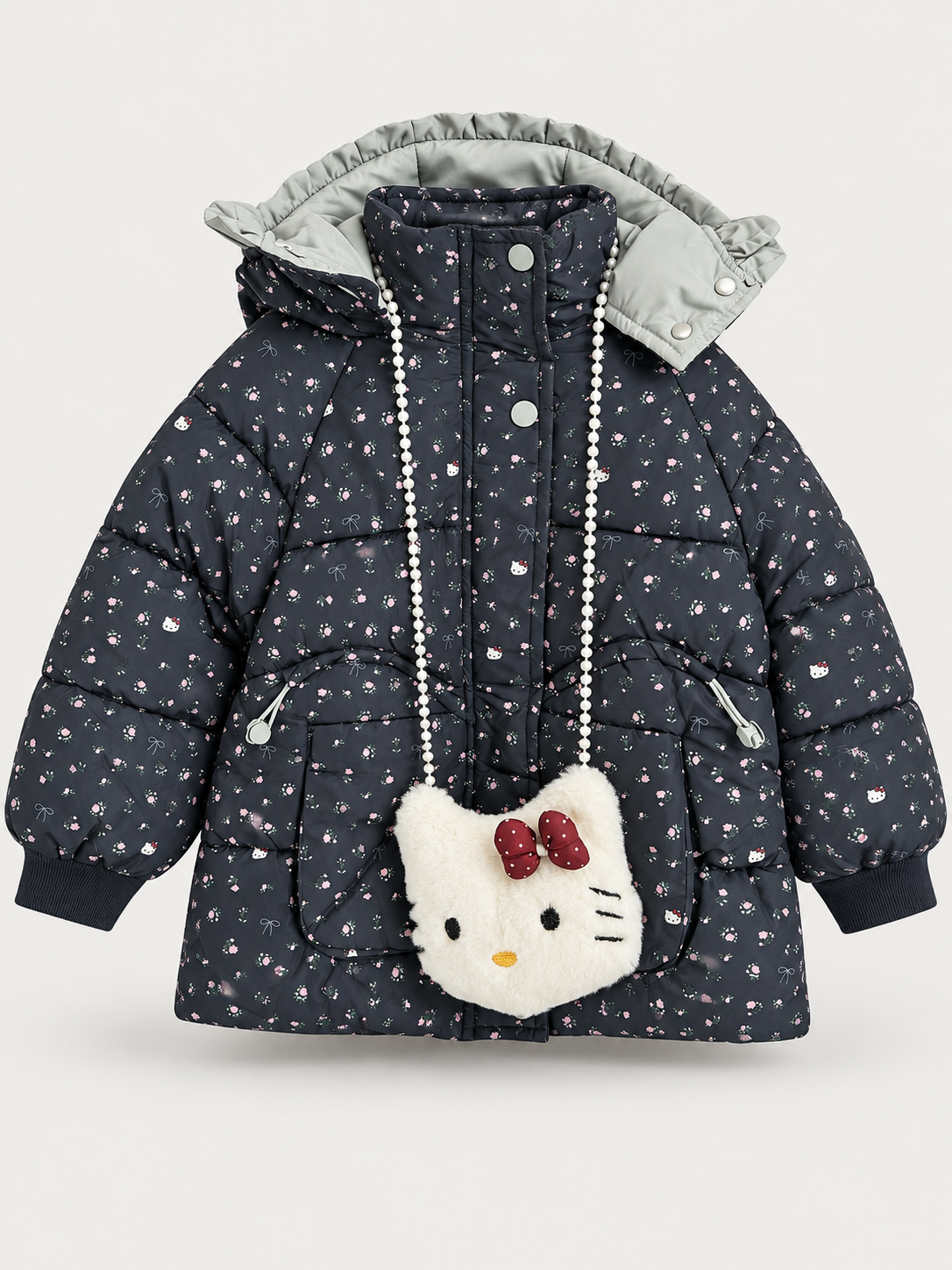 Kids Floral Hooded Puffer Jacket with Plush Cat Pouch